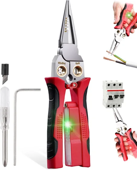 Pelacables 8 en 1 con Probador de Voltaje, Pelacables/Cortadores con Alicate, Engarzadora, División, Herramientas Pelacables para 10-18 AWG para Trabajo de Electricista Herramienta de Pelado 