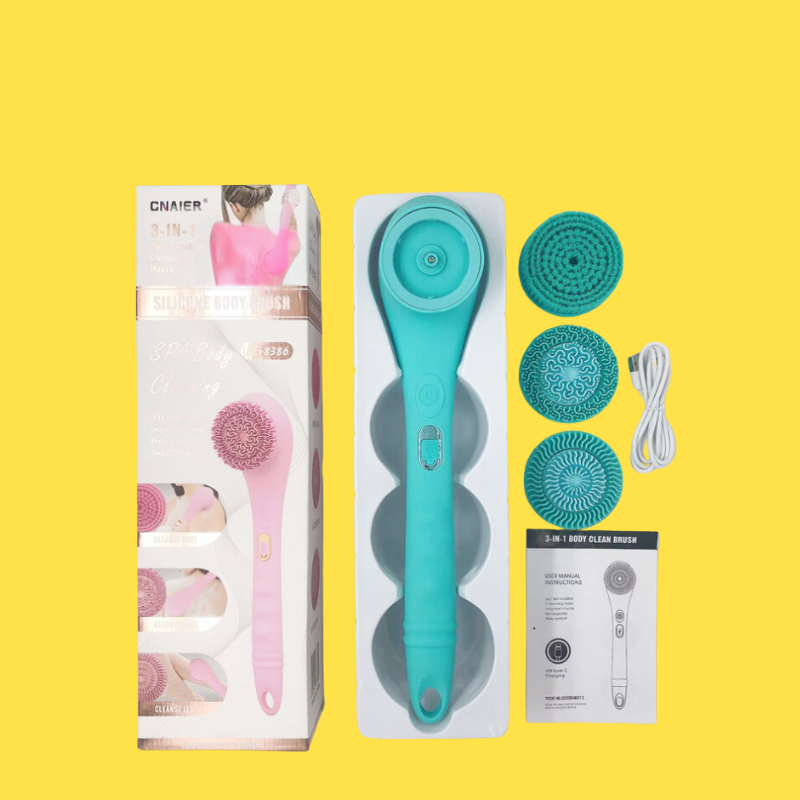 فرشاة استحمام سيليكون كهربائية بمقبض طويل لتنظيف الجسم