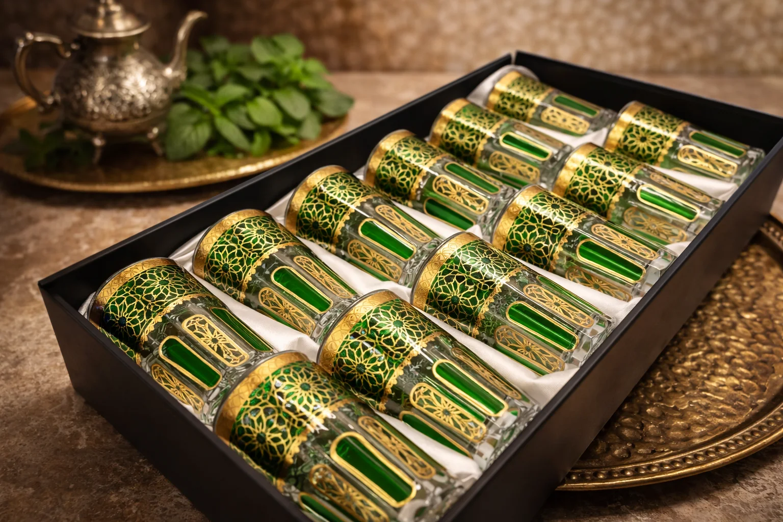 Moroccan Tea Glasses  (Atay) – Green & Gold (Set of 12)