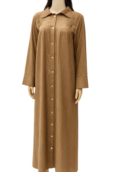 عباية بنية أنيقة بتطريز فاخر  كلاسيكية بخامة مجعدة