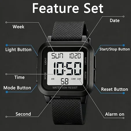 ساعة يد رقمية رقمية  مقاومة للماء للجنسين بشاشة مربعة كبيرة