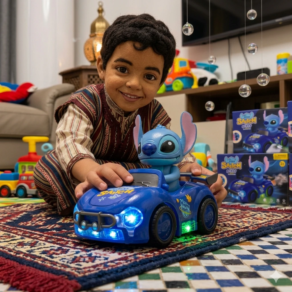 🚗 سيارة Stitch المتحركة مع إضاءة LED وبخار – متعة لا تنتهي للأطفال 💙