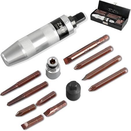 ZKH Destornillador de impacto manual de 3/8 pulgadas, destornillador de impacto reversible manual de 1/2 pulgada incluye 10 piezas de acero S2 ranuradas, Phillips, juego de puntas extractoras