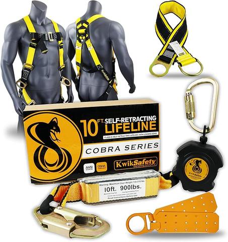 KwikSafety - Charlotte, NC - Paquete Cobra Web de 10 pies [línea de vida auto retráctil + arnés de seguridad de 3 anillos en D