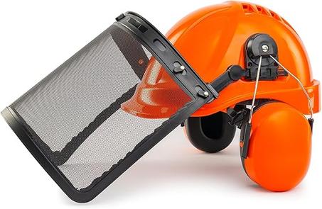 LANON Sistema de protección de casco de seguridad forestal industrial, cascos duros de motosierra aprobados por ANSI con orejeras ajustables y visera de protección facial, suspensión de trinq