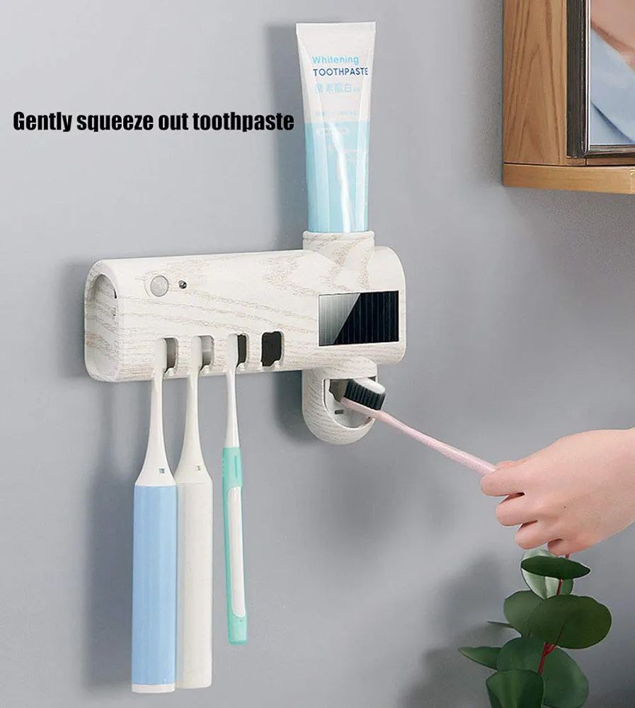 Stérilisateur UV pour Brosse à Dents, Solaire/USB Porte-Brosse à Dents électrique Distributeur Automatique de Dentifrice à Montage Mural, Cadeau pour Parents, Enfants et Amis