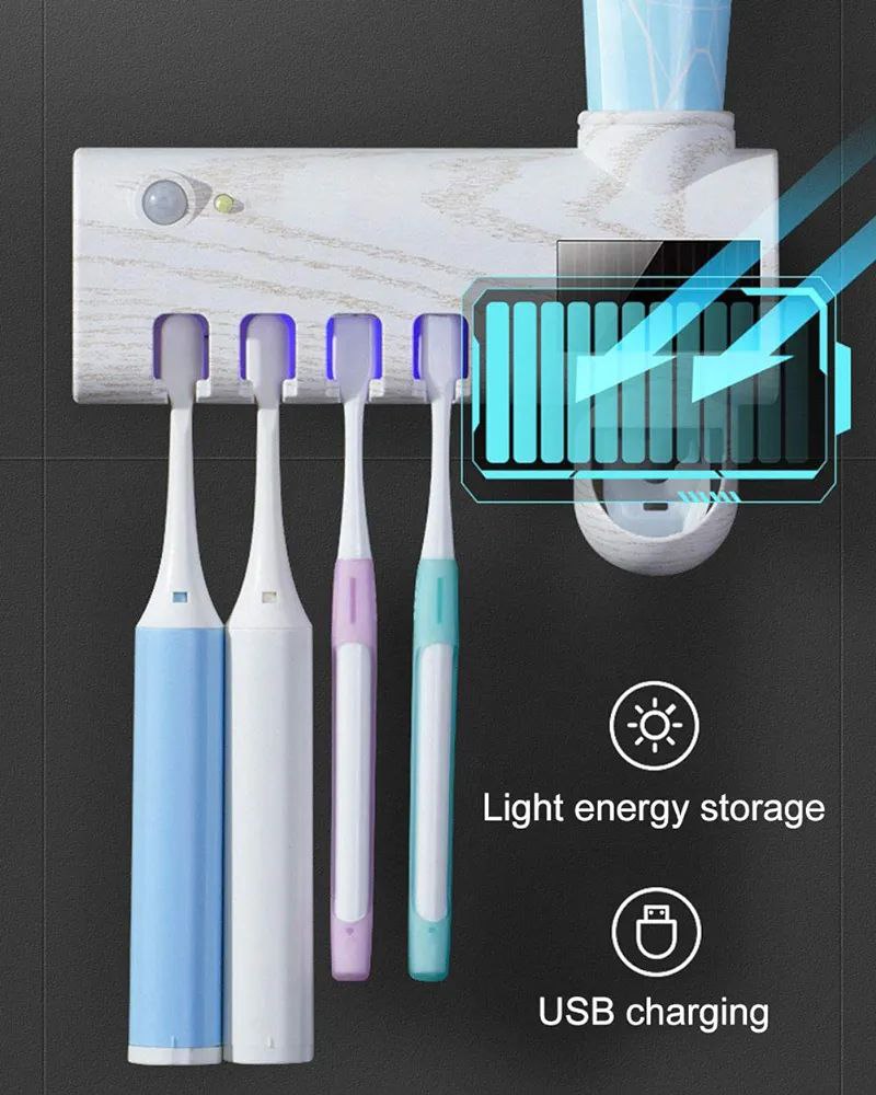 Stérilisateur UV pour Brosse à Dents, Solaire/USB Porte-Brosse à Dents électrique Distributeur Automatique de Dentifrice à Montage Mural, Cadeau pour Parents, Enfants et Amis