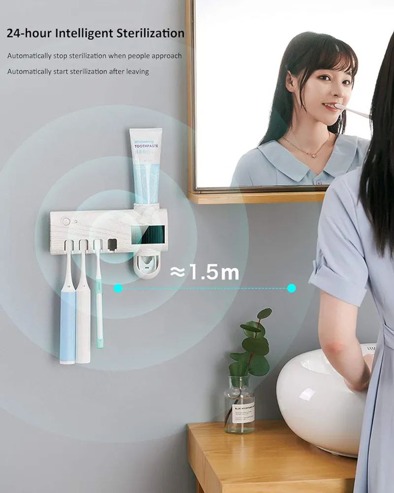 Stérilisateur UV pour Brosse à Dents, Solaire/USB Porte-Brosse à Dents électrique Distributeur Automatique de Dentifrice à Montage Mural, Cadeau pour Parents, Enfants et Amis