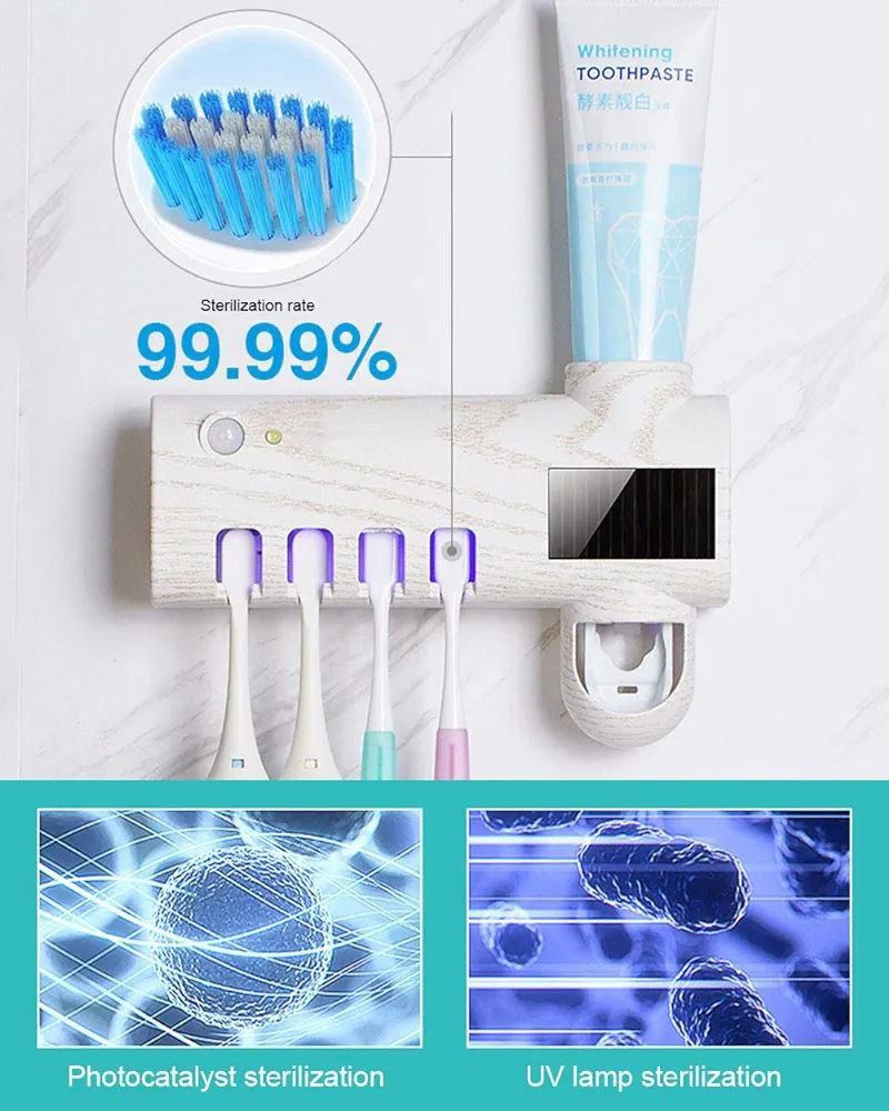 Stérilisateur UV pour Brosse à Dents, Solaire/USB Porte-Brosse à Dents électrique Distributeur Automatique de Dentifrice à Montage Mural, Cadeau pour Parents, Enfants et Amis