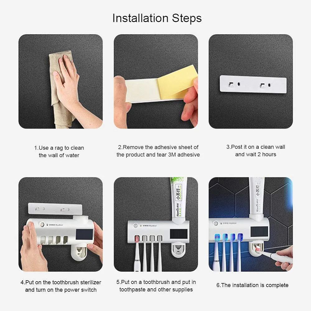Stérilisateur UV pour Brosse à Dents, Solaire/USB Porte-Brosse à Dents électrique Distributeur Automatique de Dentifrice à Montage Mural, Cadeau pour Parents, Enfants et Amis