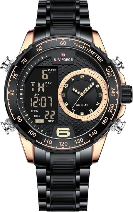 ساعة يد ستانلس ستيل رقمية بحركة كوارتز وشاشة عرض مزدوجة متعددة الوظائف للرجال