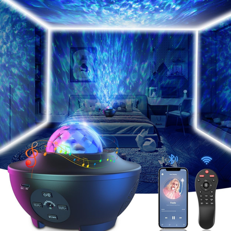 بروجكتور النجوم 4 في 1 – إضاءة متحركة، موسيقى، تحكم عن بعد، وبلوتوث