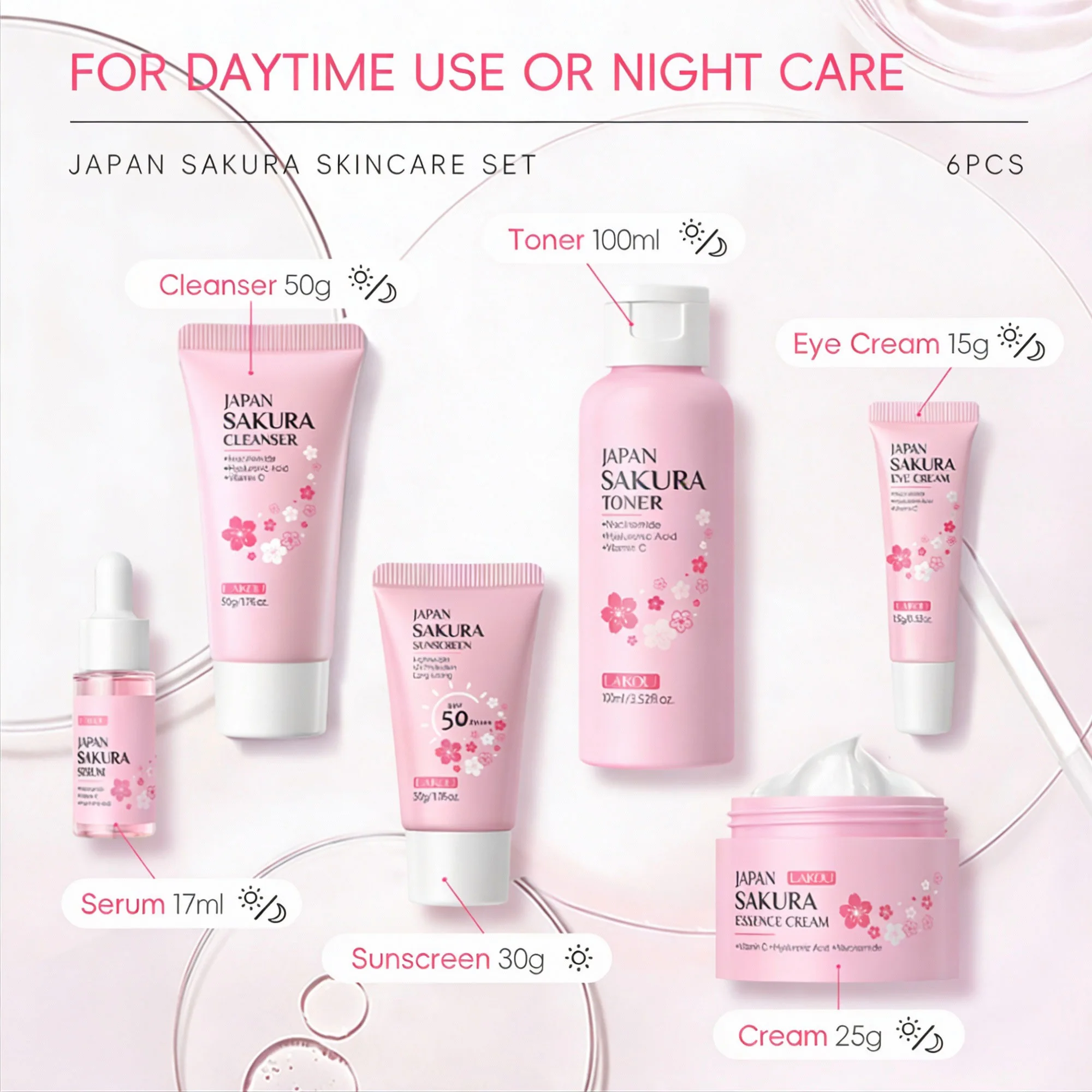 مجموعة ساكورا للعناية بالبشرة – 6 قطع متكاملة بفيتامين سي ونياسيناميد
