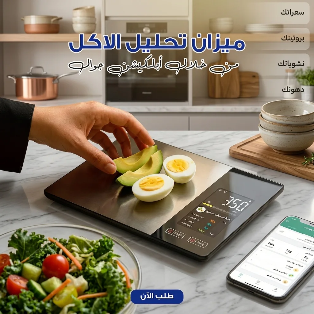 ميزان تحليل الأكل الذكي – دقة 1 جرام + تطبيق جوال يعرض السعرات والمغذيات