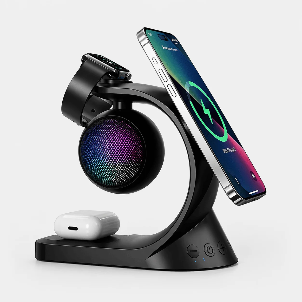 محطة شحن لاسلكية ذكية 5 في 1 مع مكبر صوت بلوتوث وإضاءة RGB – الحل الأمثل لفوضى الكابلات