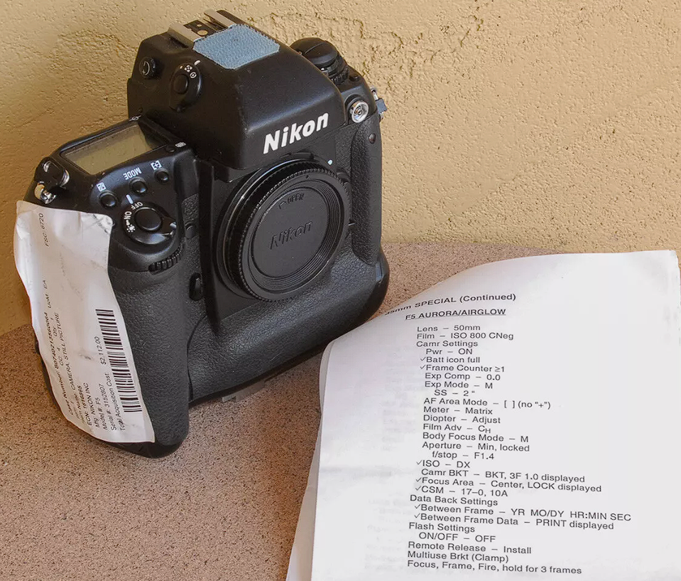 Rare NASA-Issued Nikon F5 Camera Body with MF-28 Back, Bracket Plate, Cue Cards & Exposure Data