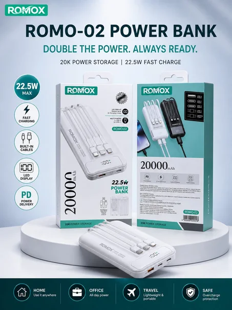 باور بانك  ROMOX ROMO-02 — 20000mAh | شحن سريع  POWER BANK 22.5W