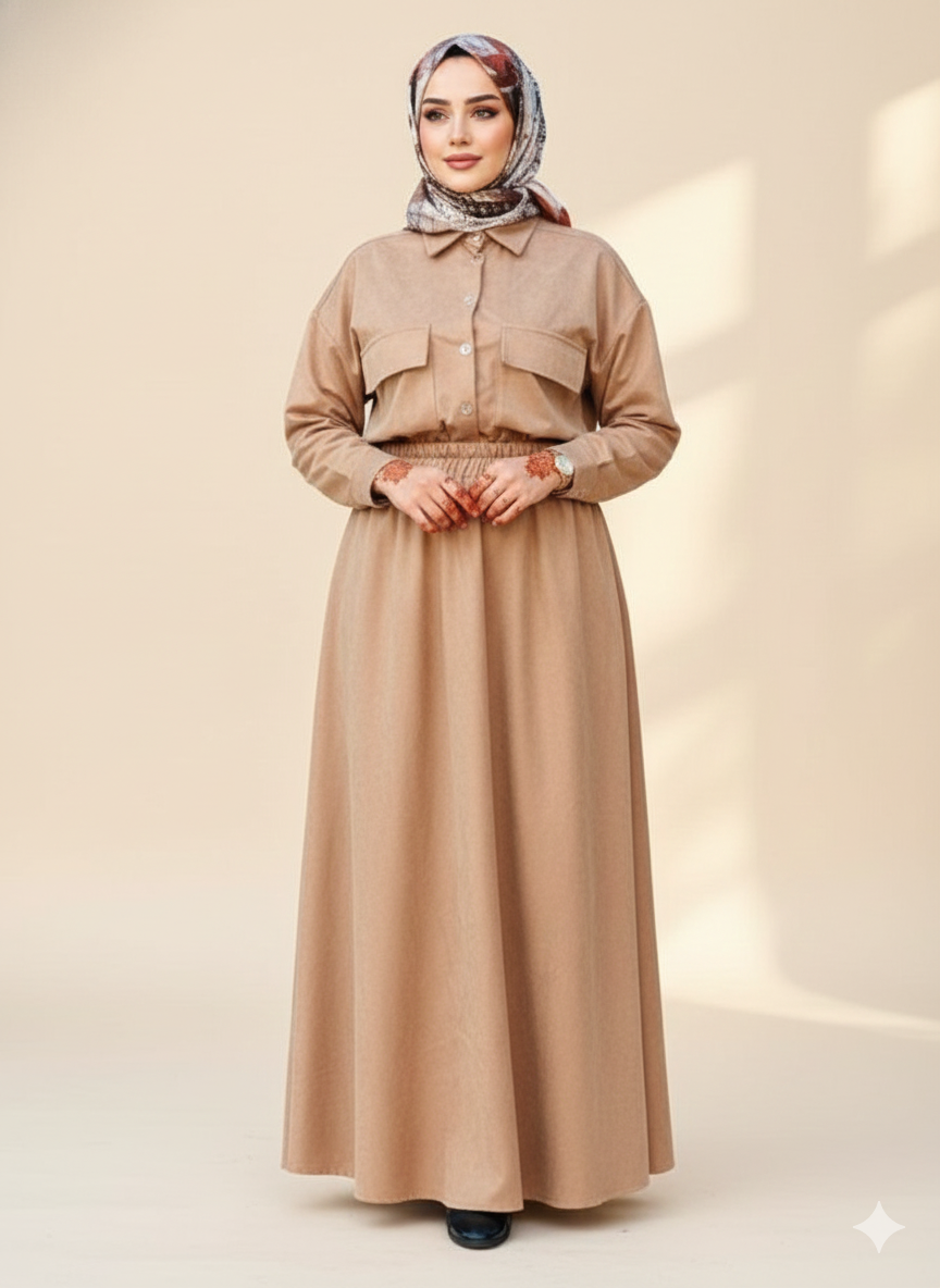 🌾 اونسومبل طويل بقَصّة قميص بلون البيج الهادئ