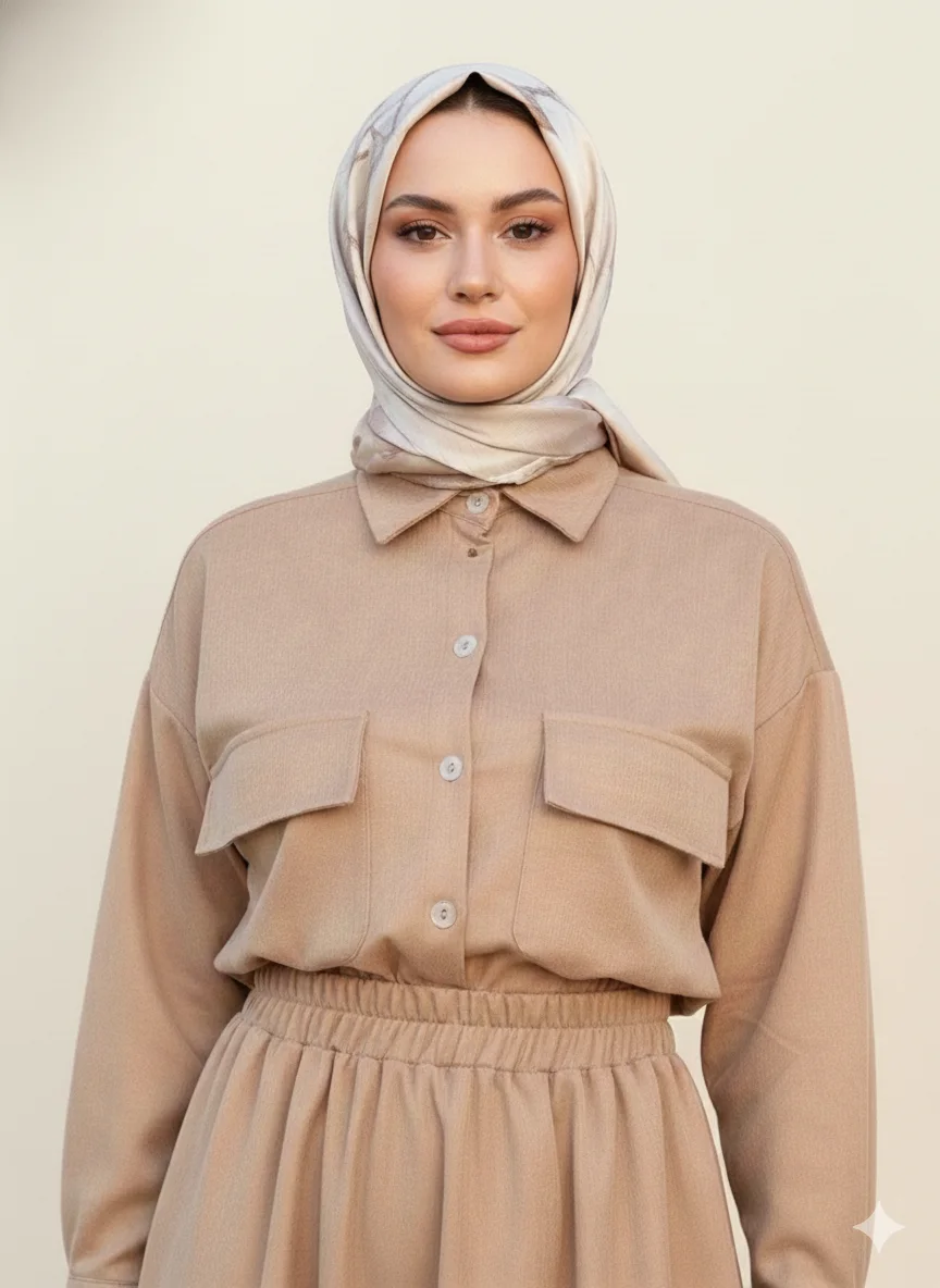 🌾 اونسومبل طويل بقَصّة قميص بلون البيج الهادئ