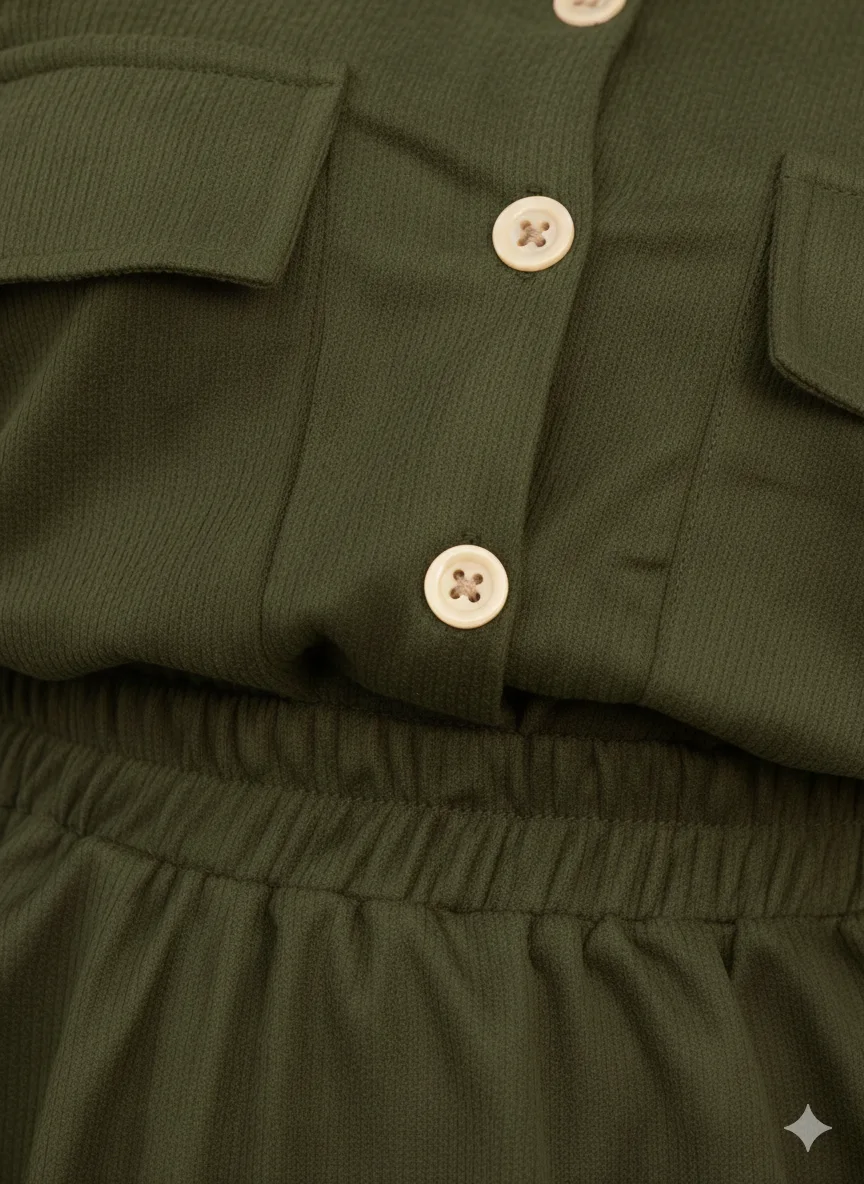 🌿 اونسومبل طويل بقَصّة قميص باللون الأخضر الزيتي الأنيق