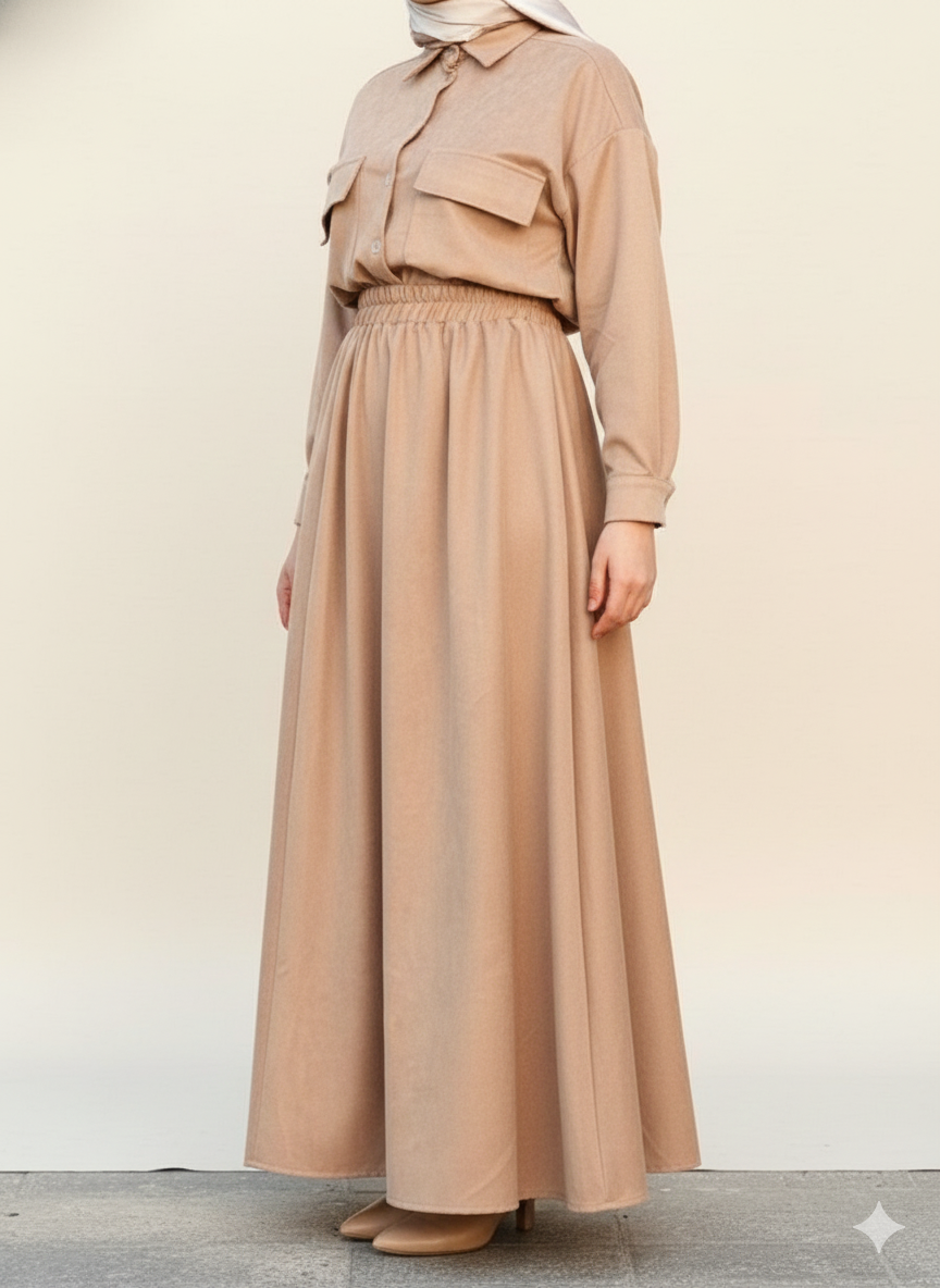 🌾 اونسومبل طويل بقَصّة قميص بلون البيج الهادئ