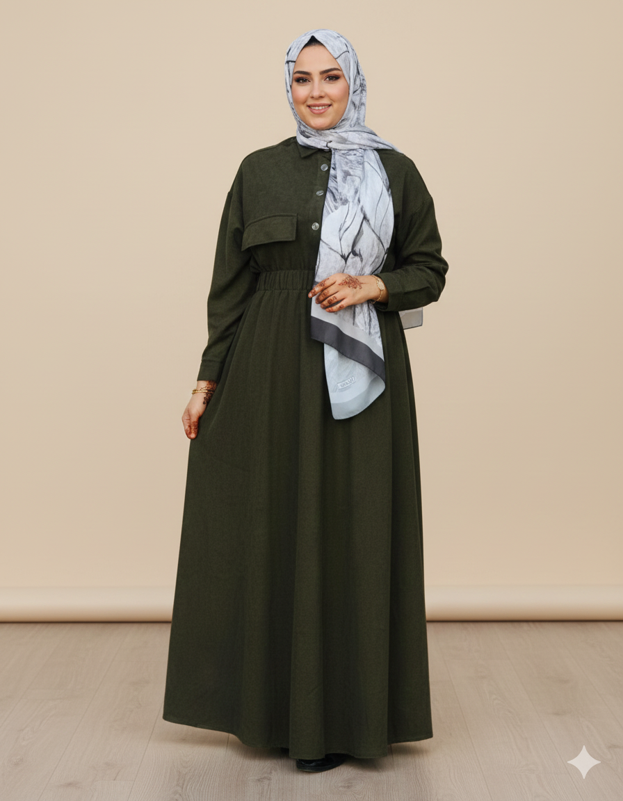 🌿 اونسومبل طويل بقَصّة قميص باللون الأخضر الزيتي الأنيق