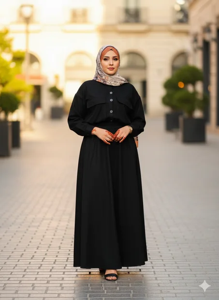 🖤 أنسومبل طويل بقَصّة قميص باللون الأسود الكلاسيكي