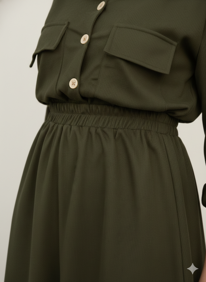 🌿 اونسومبل طويل بقَصّة قميص باللون الأخضر الزيتي الأنيق