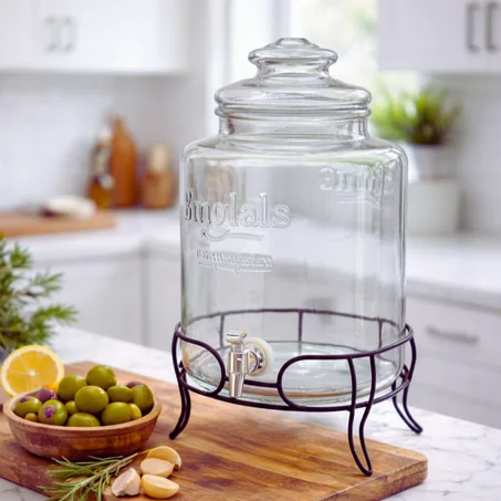 حاويات زجاجية مع صنبور لتخزين زيت الزيتون  أو لتوزيع العصائر (10 لتر)