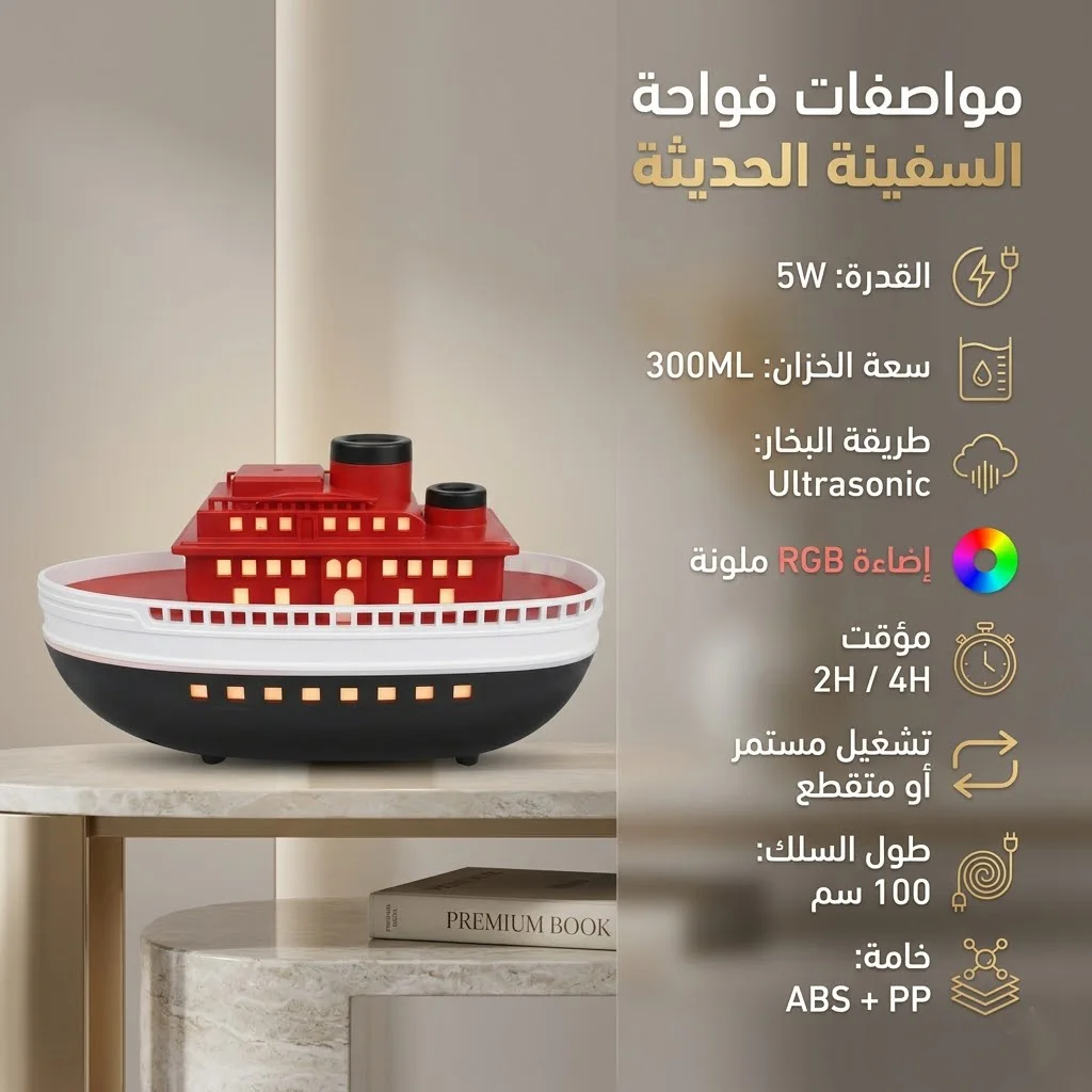 فواحة على شكل سفينة بخارية وإضاءة هادئة مناسب للمنزل والمكتب