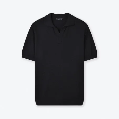 OPEN COLLAR KNIT POLO SHIRT - BLACK