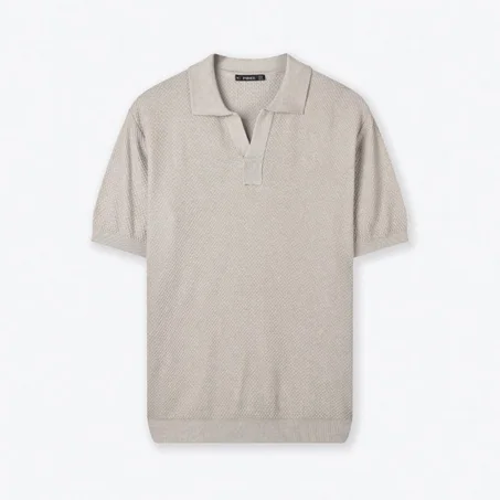 OPEN COLLAR KNIT POLO SHIRT - BEIGE