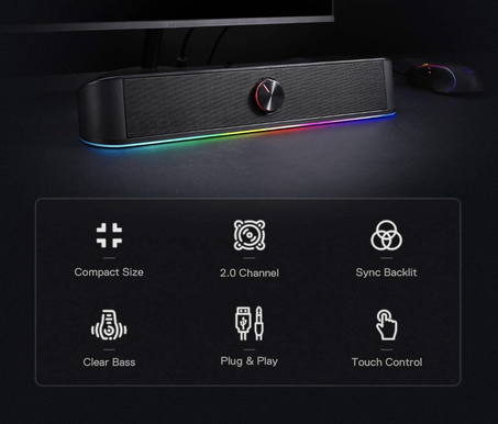 مكبر صوت مكتبي GS560 RGB من ريدراجون، مكبر صوت للكمبيوتر بقناة 2.0 مع شريط اضاءة ديناميكي، مزامنة الصوت والضوء، اضاءة خلفية للتحكم باللمس مع مقبض لمستوى الصوت، يعمل بمنفذ USB مع كيبل 3.5 ملم