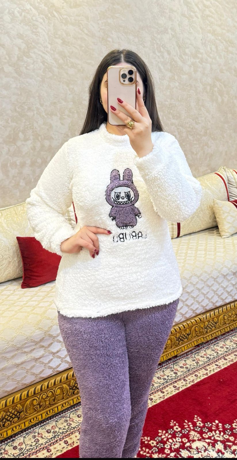 بيجامة لابوبو شتوية دافئة | طقم نوم من الفرو الناعم للنساء | ملابس منزل مريحة بتصميم الأرنب Labubu
