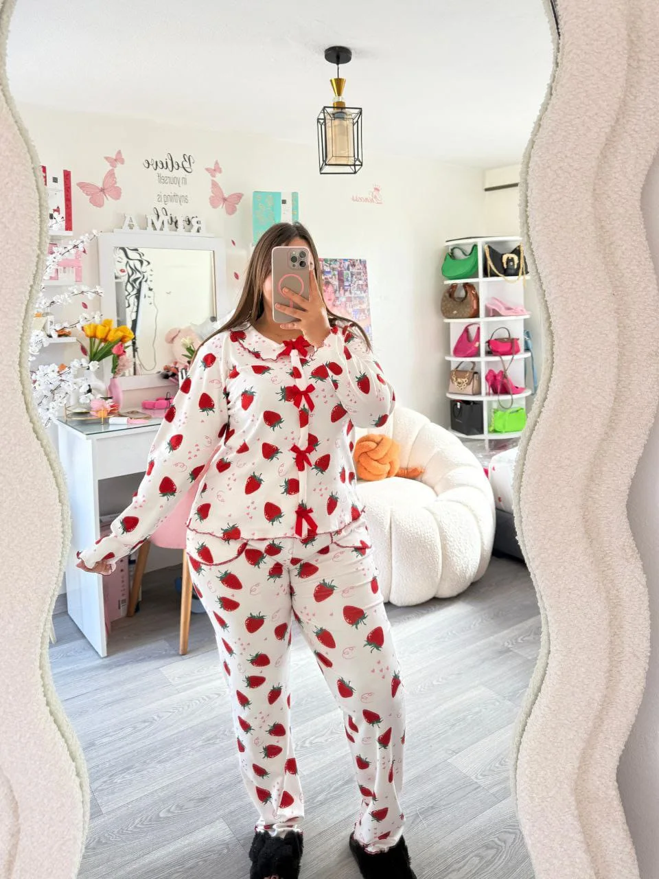 بيجامة موبرة تركية فاخرة | فرو دافئ بنقشة الفراولة | Moroccan Pyjama
