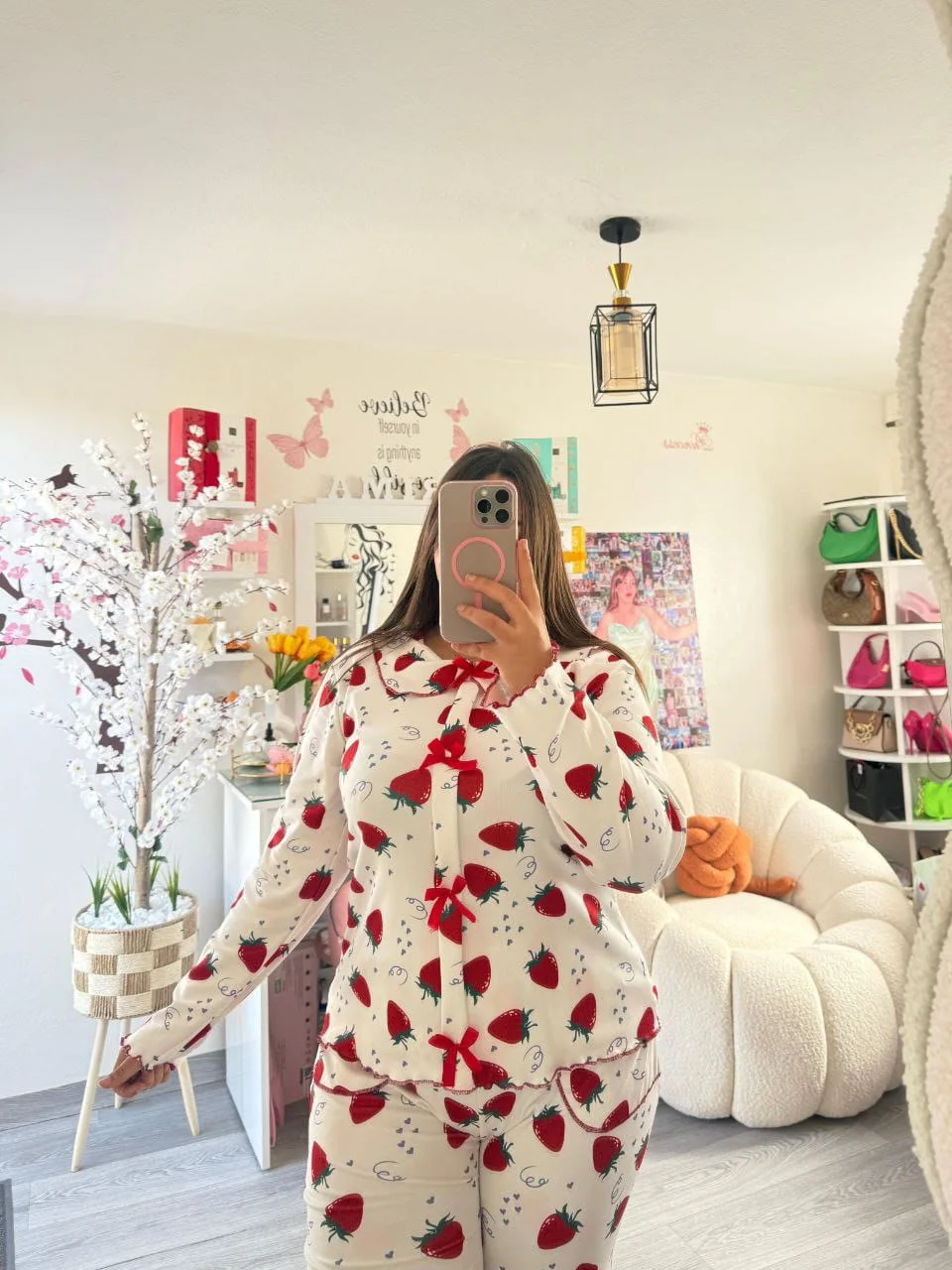 بيجامة موبرة تركية فاخرة | فرو دافئ بنقشة الفراولة | Moroccan Pyjama