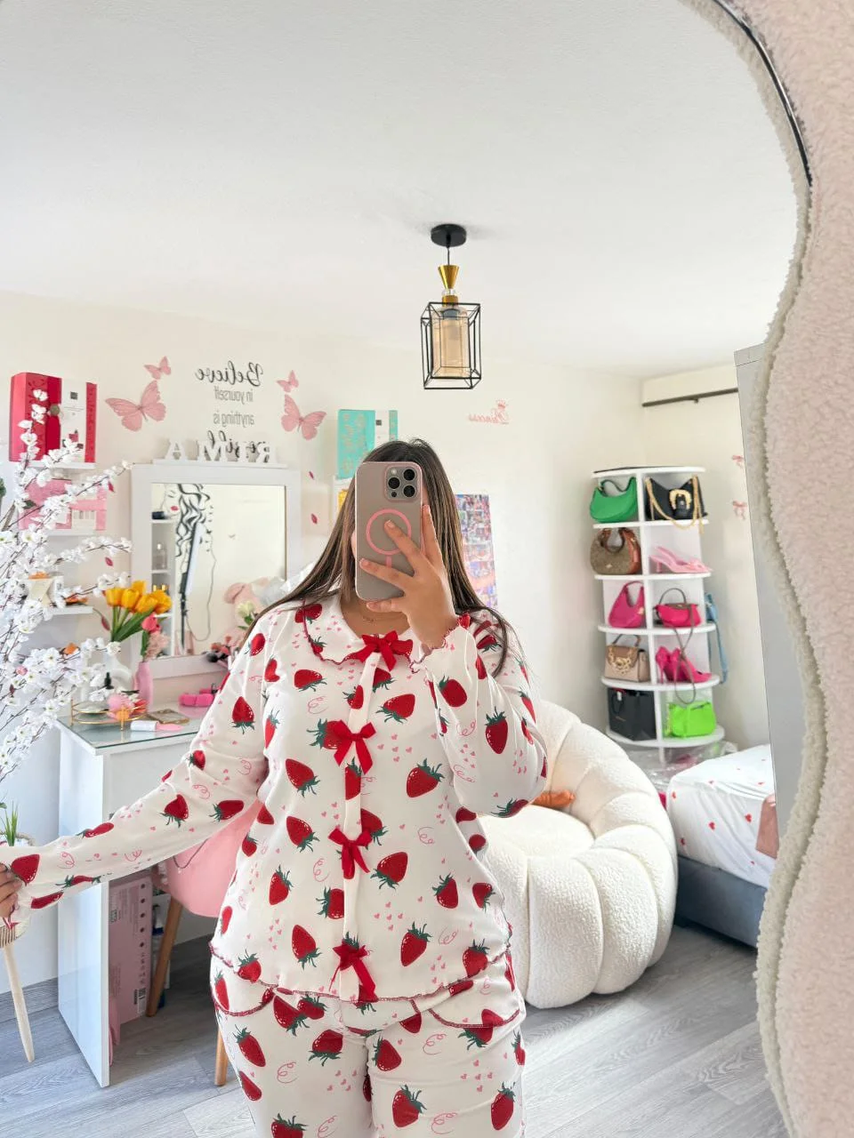 بيجامة موبرة تركية فاخرة | فرو دافئ بنقشة الفراولة | Moroccan Pyjama