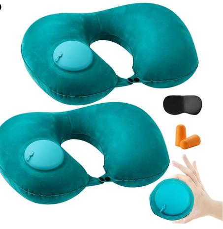 وسادة سفر قابلة للنفخ من هيناتا، 2 قطعة، وسادة رقبة قابلة للنفخ، للطائرة، وسادة على شكل حرف U، وسادة دعم الرقبة للمكتب مع مضخة نفخ بالضغط / حقيبة / قناع عين / سدادات اذن (اخضر)