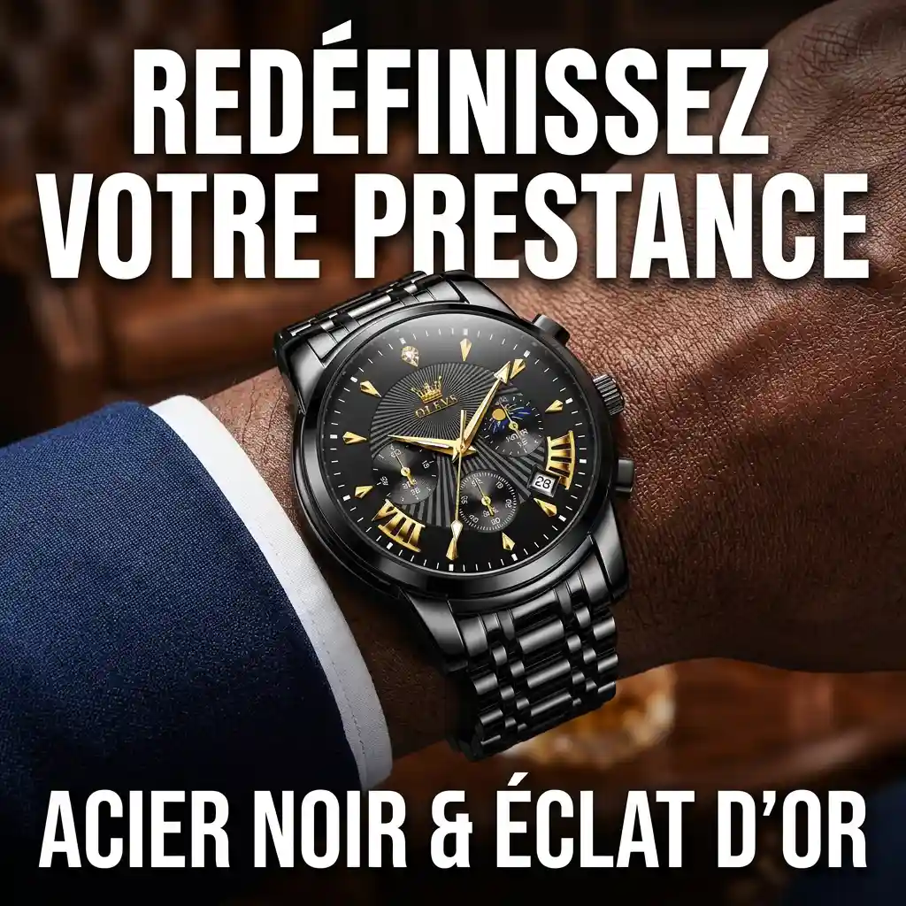 Montre OLEVS™ Impérial Black & Gold – Chronographe de Luxe