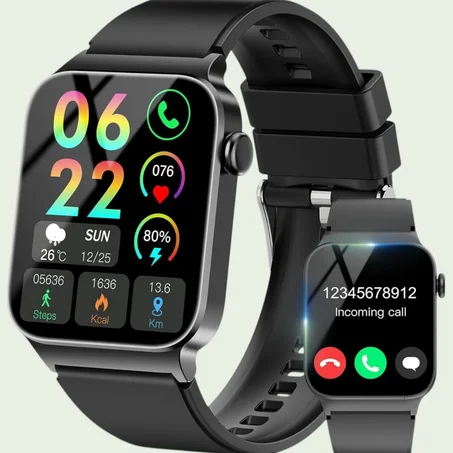 ساعة ذكية رياضية للرجال والنساء (أسود) - مكالمات بلوتوث، شاشة 1.85 انش، تتبع النبض والنوم، IP68