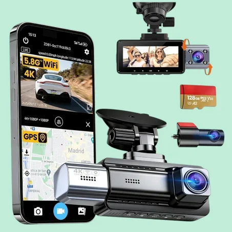 كاميرا مراقبة السيارة المتكاملة 4K - تصوير 360 درجة (أمام وخلف وداخل) مع ذاكرة 128GB وتسجيل مستمر 24 ساعة
