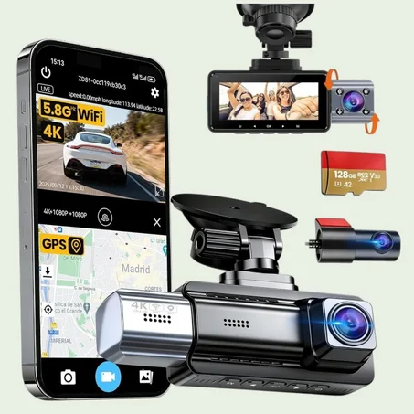 كاميرا مراقبة السيارة المتكاملة 4K - تصوير 360 درجة (أمام وخلف وداخل) مع ذاكرة 128GB وتسجيل مستمر 24 ساعة