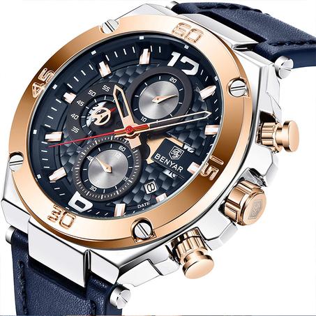 BENYAR BY-5151M Bleu Or Montre Homme Quartz Cuir