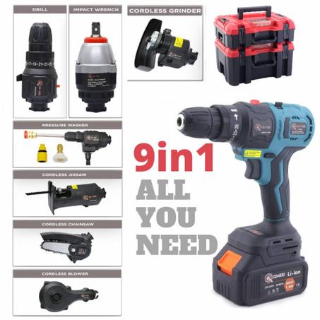 مجموعة ادوات لاسلكية مضخة سرويس سيارة + منشار + دريل + على بطارية تسعه في واحد