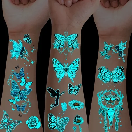 12 Sheets Glow-in-the-Dark Butterfly Temporary Tattoos – Blue Luminous Stickers for Women, Hands, Face, Music Festivals & Party Decor