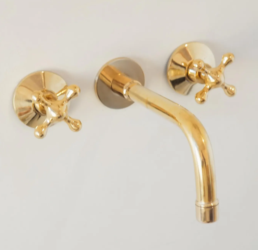 Brass  Wall Mount Faucet, Vintage Bathroom Sink with Cross Handles