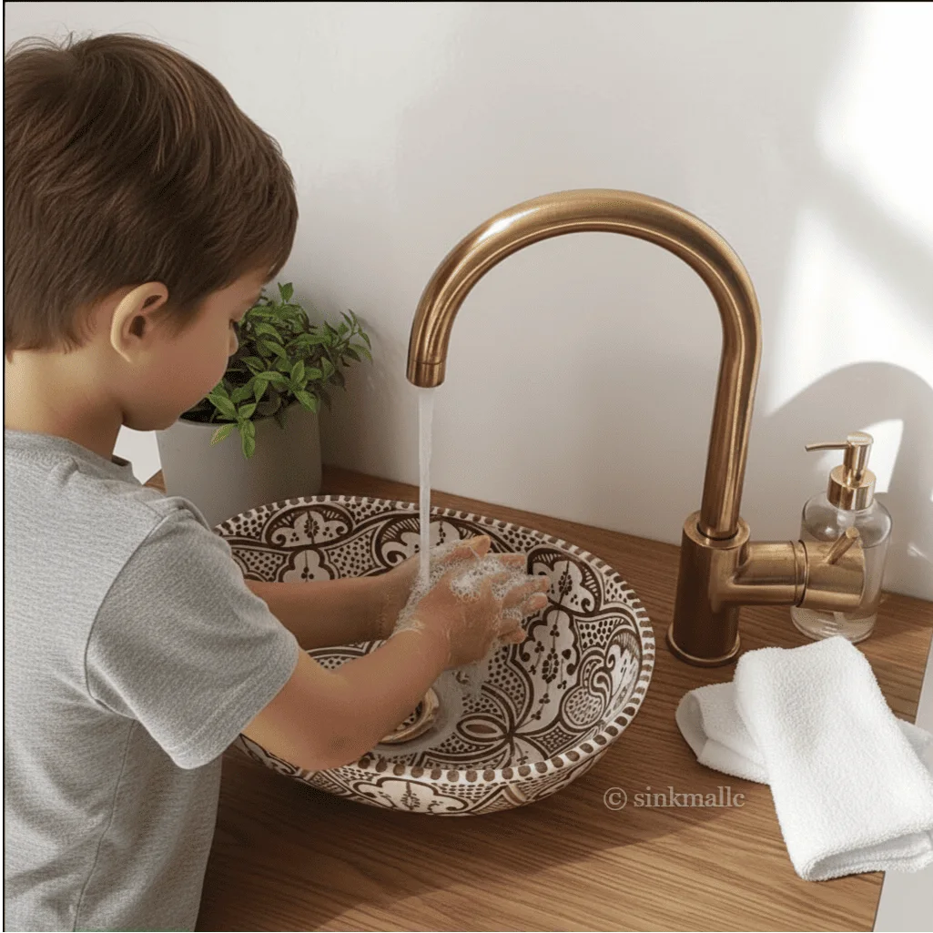 Oval Hand-Painted Ceramic Sink, Moroccan Bathroom Basin, Artisan Washbasin (Copper Drain Included)