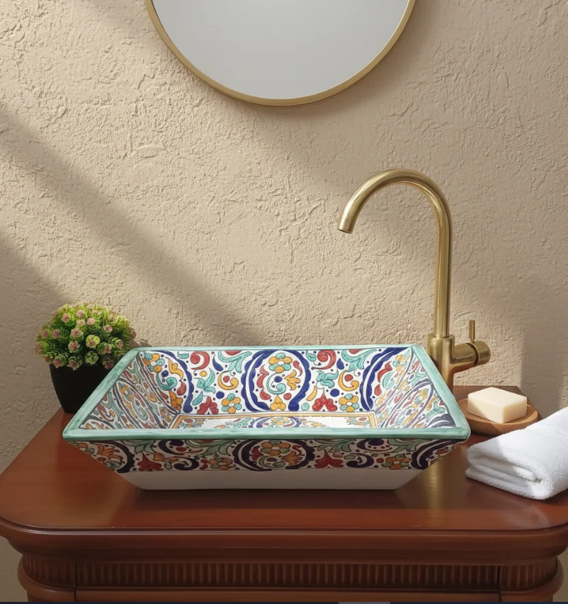 Moroccan Ceramic Bathroom Sink -  Rectangular ceramic  Sink with Arabesque Pattern