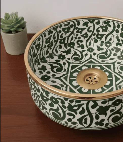 14 Karat Gold & Green Flower Washbasin Ceramic Bathroom Vessel - CUSTOMIZABLE  Bathroom Sink - free shipping