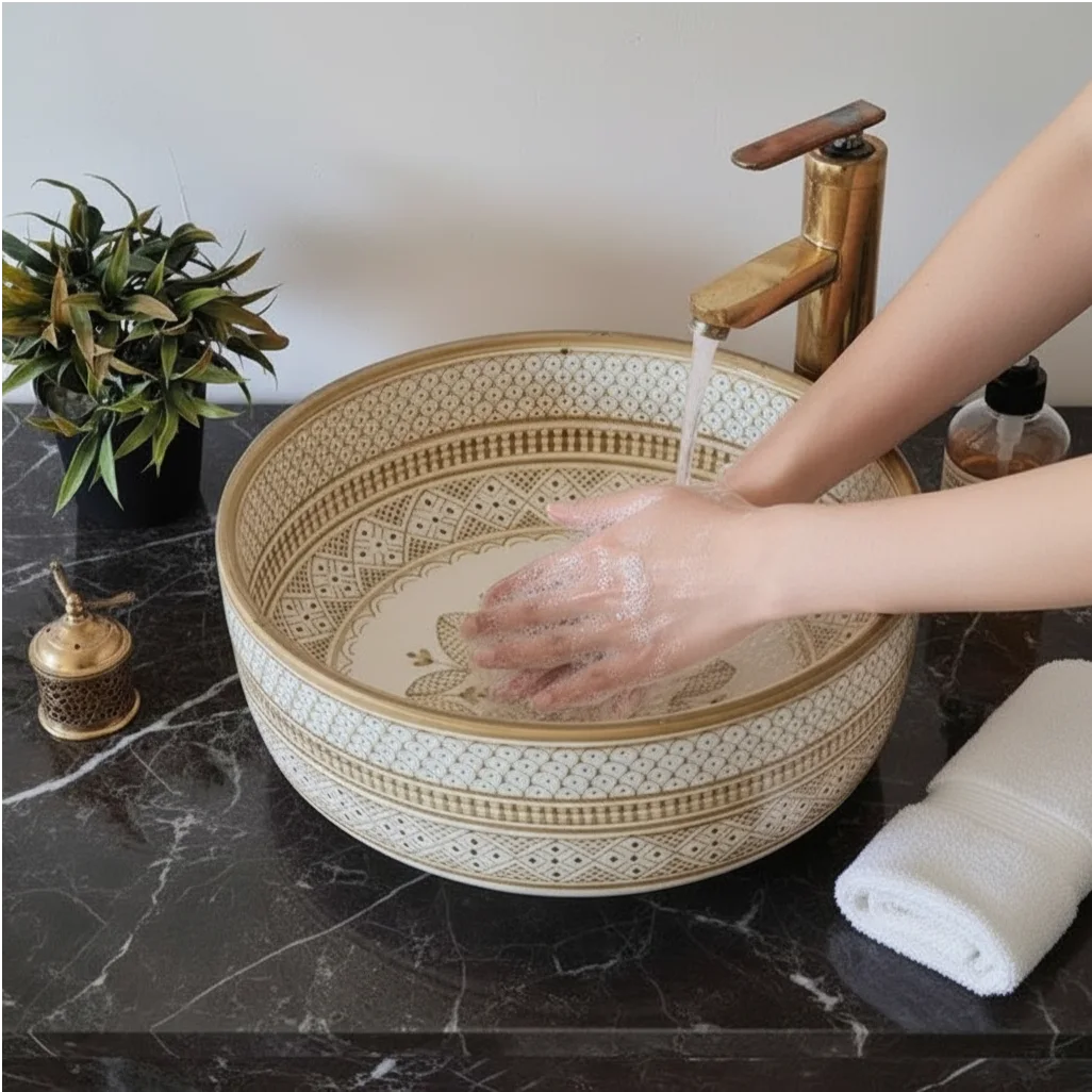 Handmade Moroccan Ceramic Vessel Sink, Copper Drain, free shipping